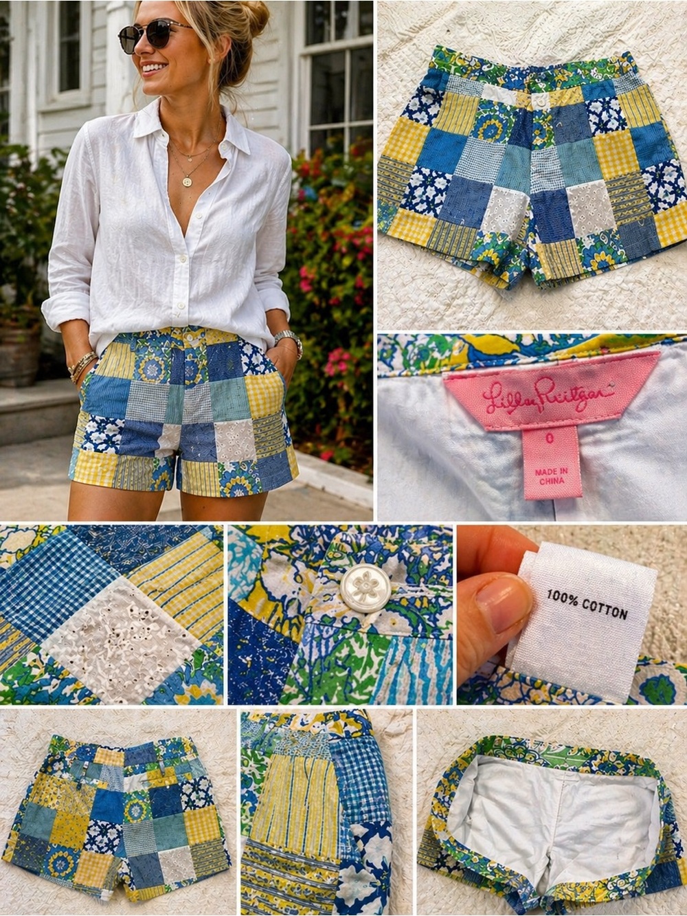 Lilly Pulitzer Patchwork Shorts - Blue, Yellow, Green